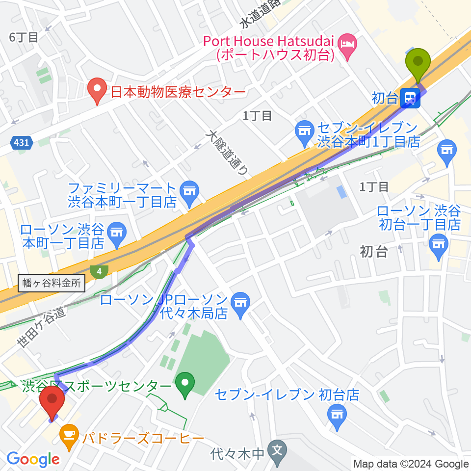 初台駅から幡ヶ谷CLUB HEAVY SICKへのルートマップ地図