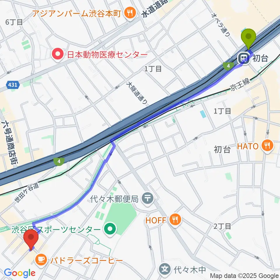初台駅から幡ヶ谷CLUB HEAVY SICKへのルートマップ地図