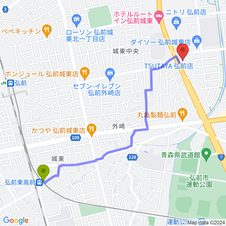 弘前東高前駅からTSUTAYA 弘前店へのルートマップ地図