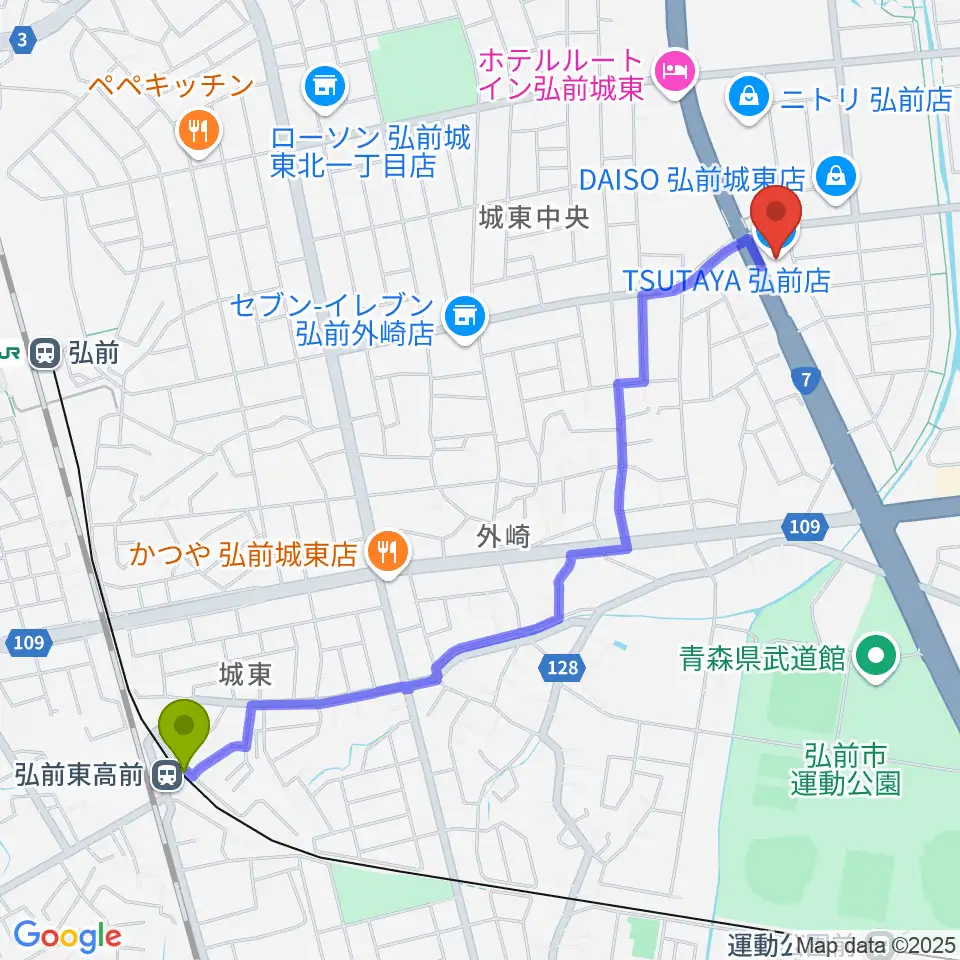 弘前東高前駅からTSUTAYA 弘前店へのルートマップ地図