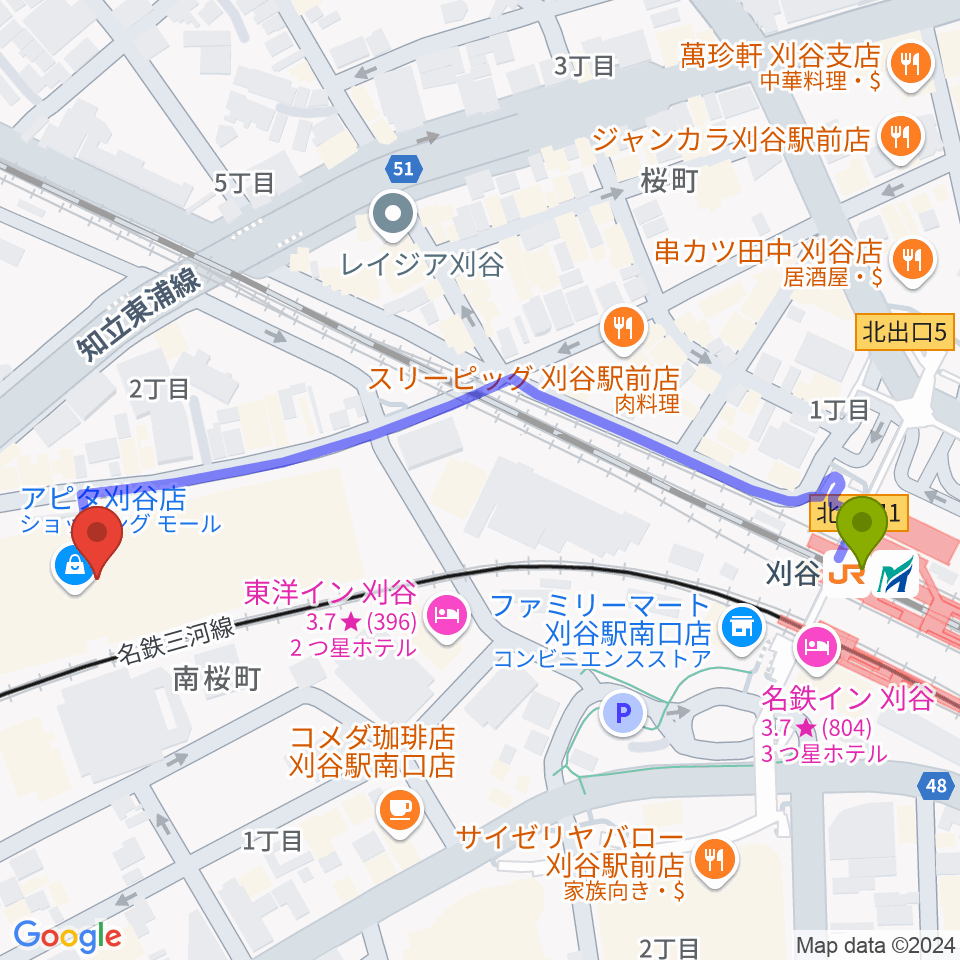 パピーミュージックスクール刈谷アピタ教室の最寄駅刈谷駅からの徒歩ルート（約6分）地図