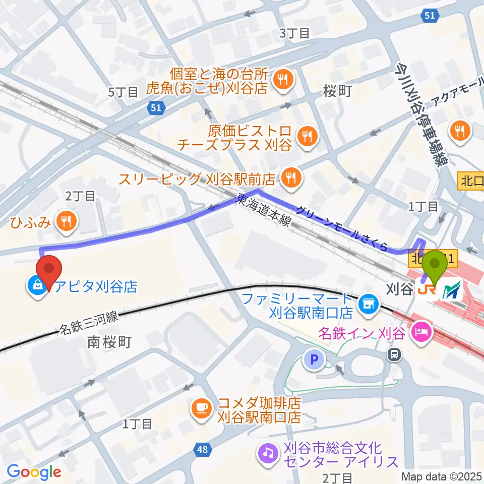 パピーミュージックスクール刈谷アピタ教室の最寄駅刈谷駅からの徒歩ルート（約6分）地図
