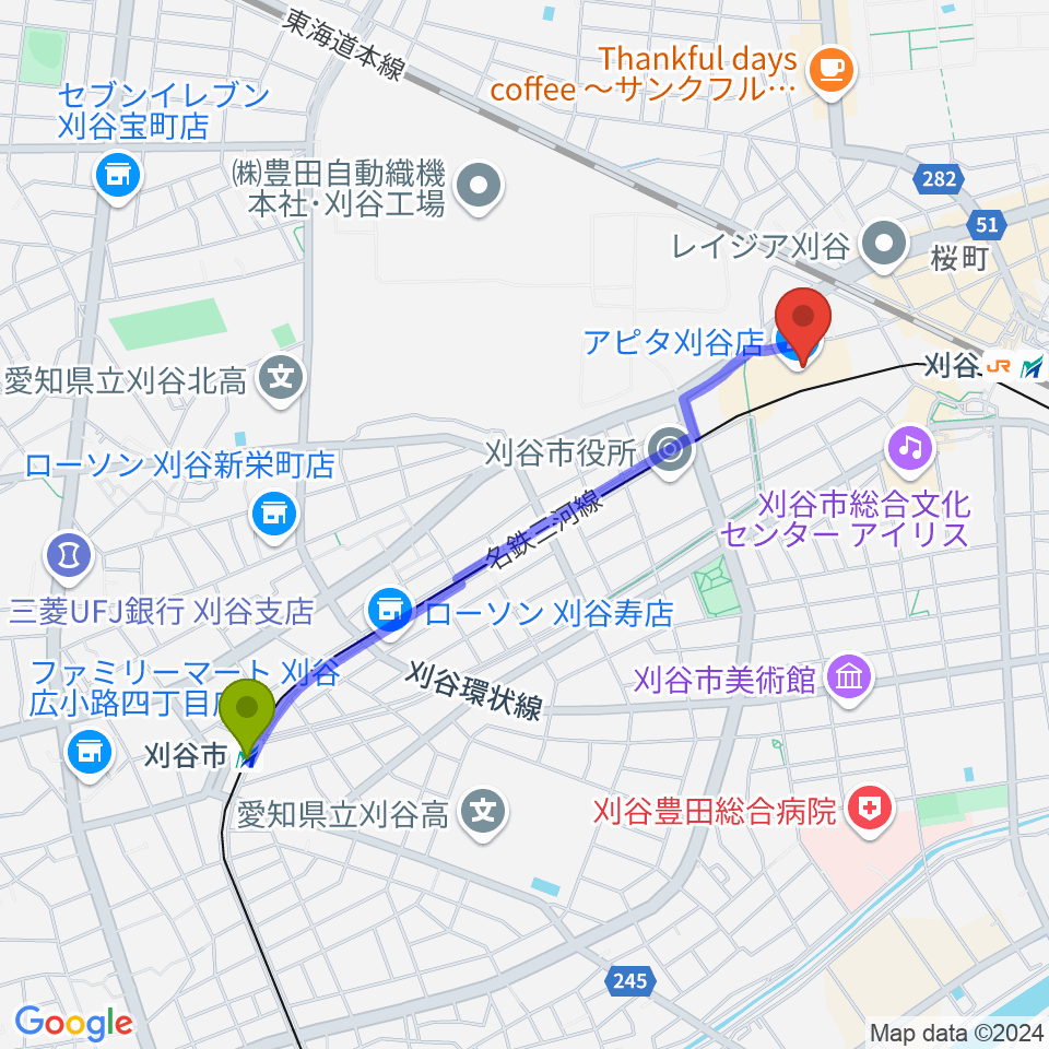 刈谷市駅からパピーミュージックスクール刈谷アピタ教室へのルートマップ地図