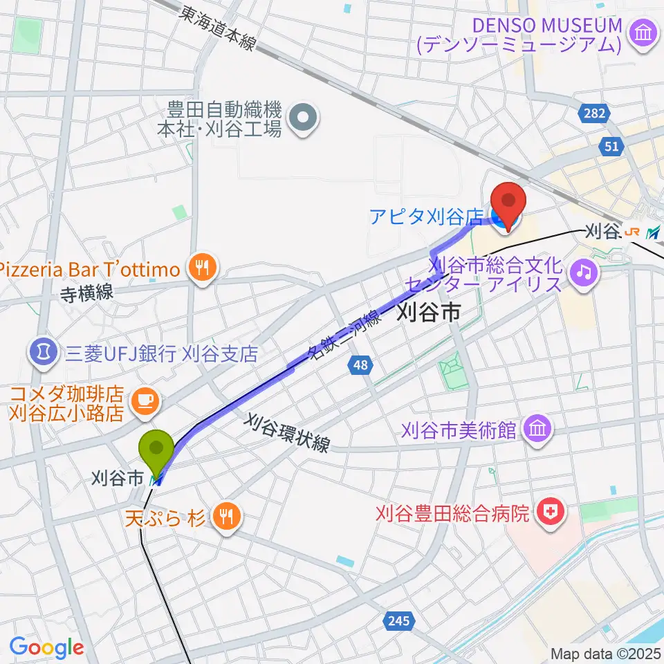 刈谷市駅からパピーミュージックスクール刈谷アピタ教室へのルートマップ地図