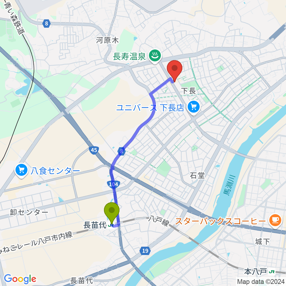 ゲオ八戸下長店の最寄駅長苗代駅からの徒歩ルート（約32分）地図