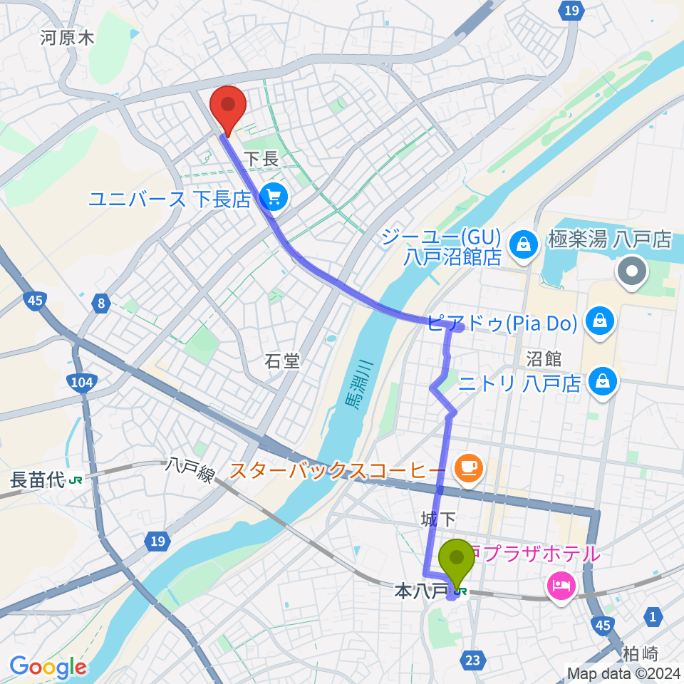 本八戸駅からゲオ八戸下長店へのルートマップ地図