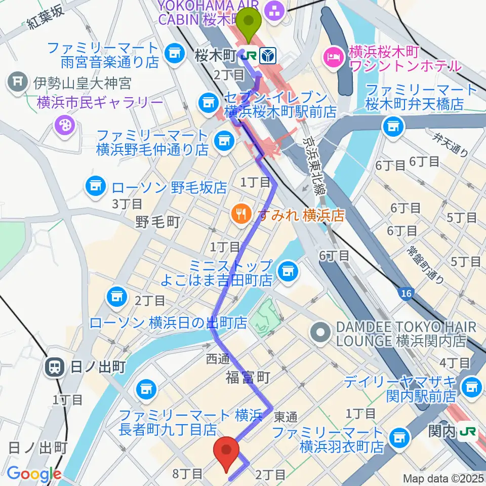 桜木町駅から長者町FRIDAYへのルートマップ地図