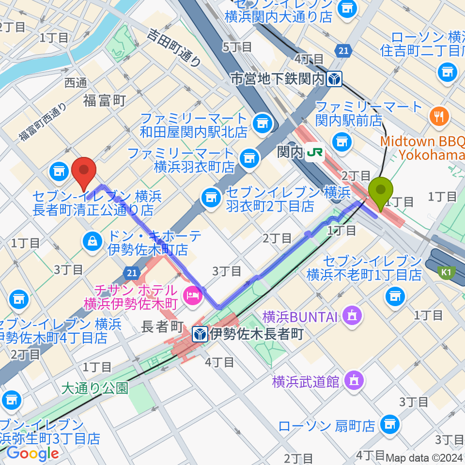 関内駅から長者町FRIDAYへのルートマップ地図