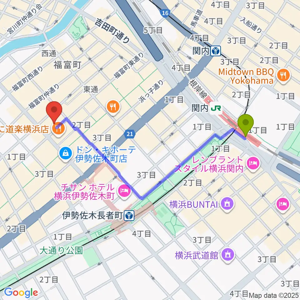 関内駅から長者町FRIDAYへのルートマップ地図