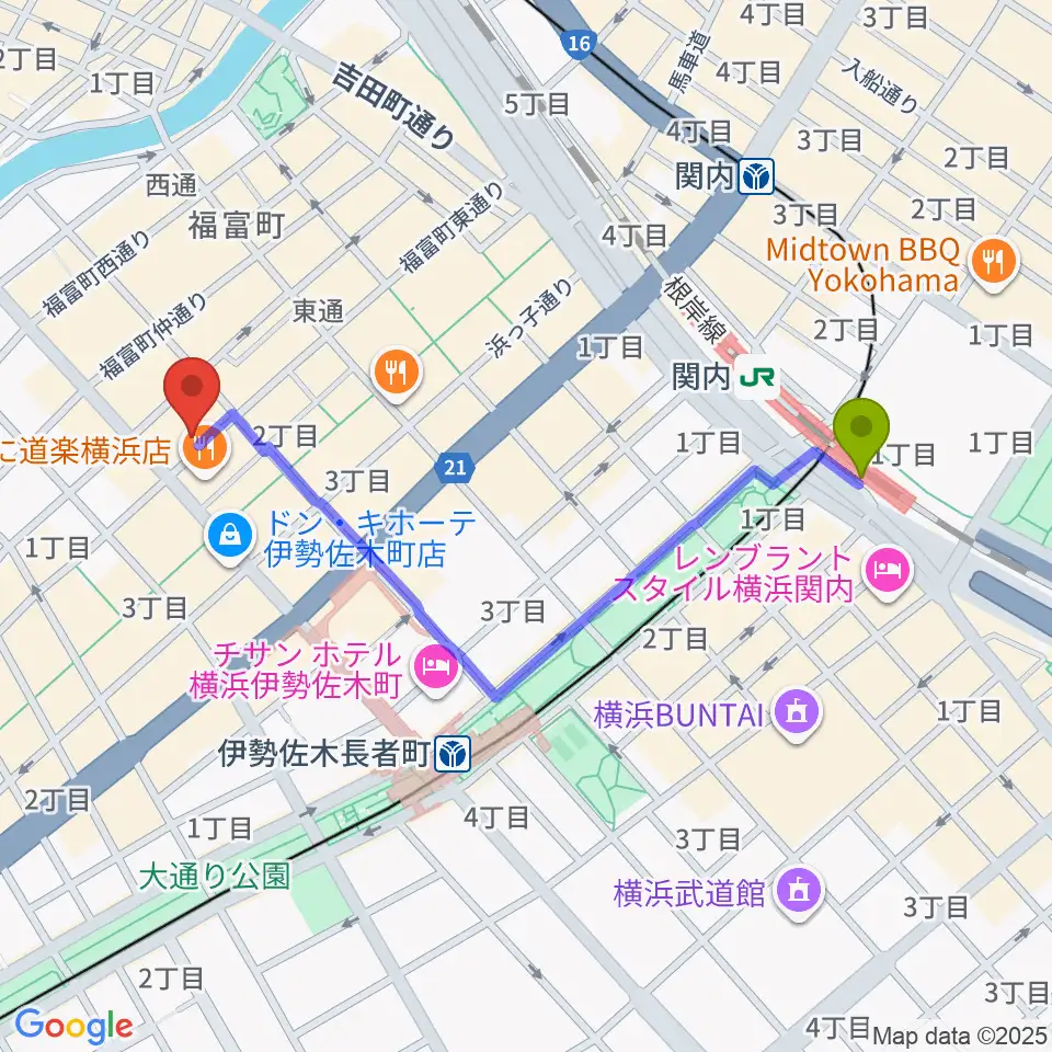 関内駅から長者町FRIDAYへのルートマップ地図