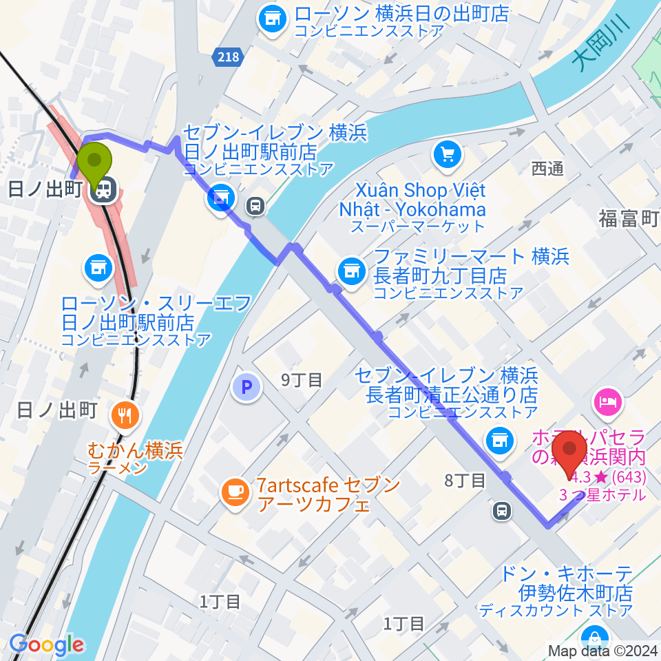 日ノ出町駅から長者町FRIDAYへのルートマップ地図