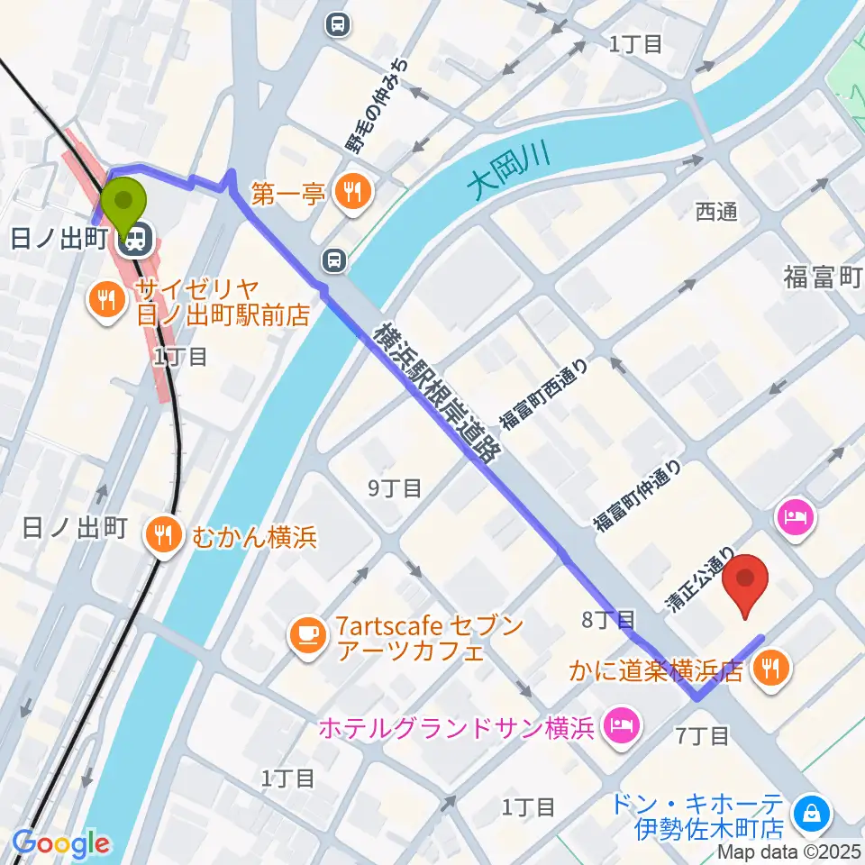 日ノ出町駅から長者町FRIDAYへのルートマップ地図
