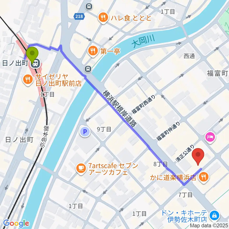 日ノ出町駅から長者町FRIDAYへのルートマップ地図