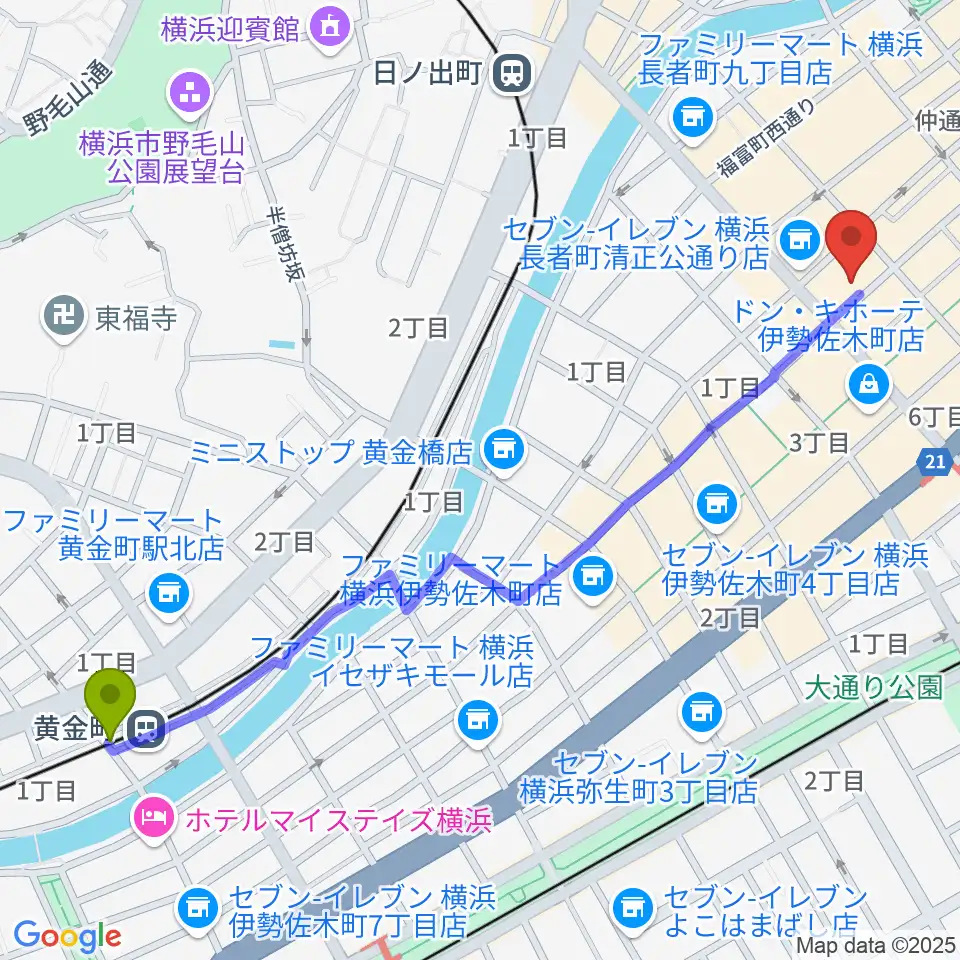 黄金町駅から長者町FRIDAYへのルートマップ地図