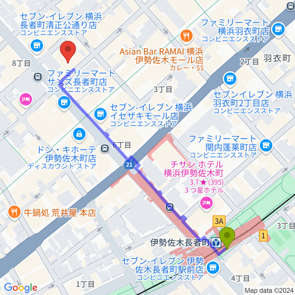 長者町FRIDAYの最寄駅伊勢佐木長者町駅からの徒歩ルート（約6分）地図