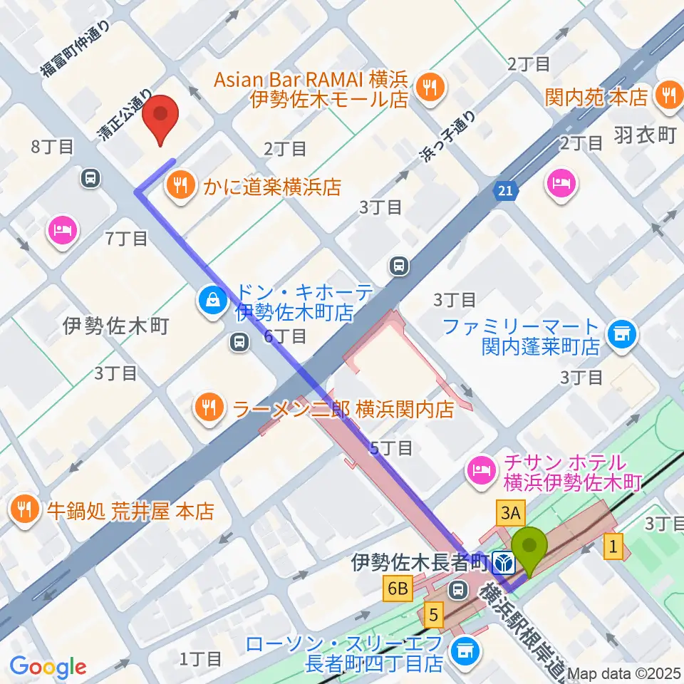 長者町FRIDAYの最寄駅伊勢佐木長者町駅からの徒歩ルート（約6分）地図