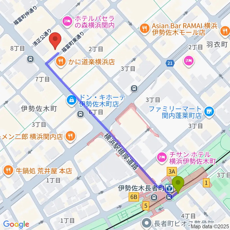長者町FRIDAYの最寄駅伊勢佐木長者町駅からの徒歩ルート（約6分）地図
