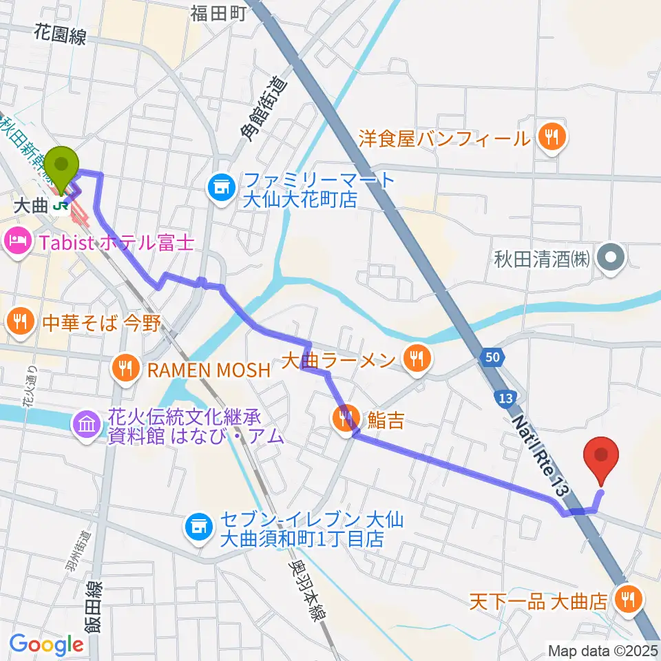 TSUTAYA 大仙店の最寄駅大曲駅からの徒歩ルート（約27分）地図