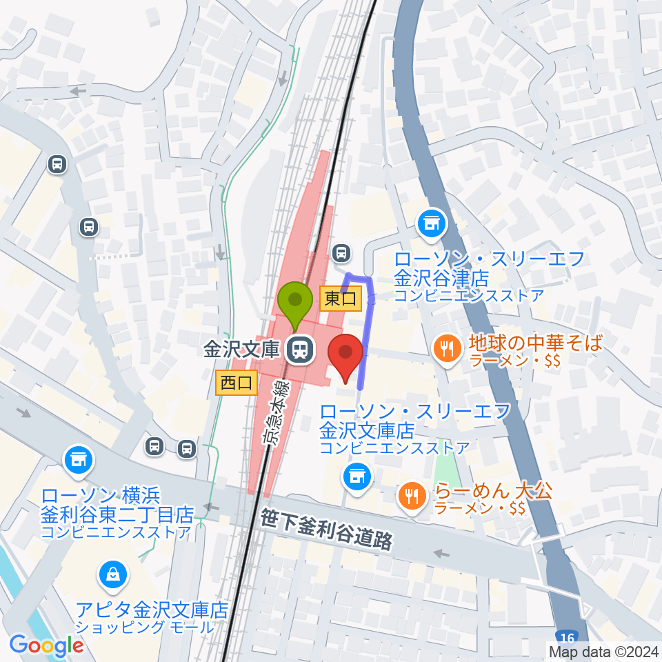 金沢文庫ブルームーンの最寄駅金沢文庫駅からの徒歩ルート（約1分）地図