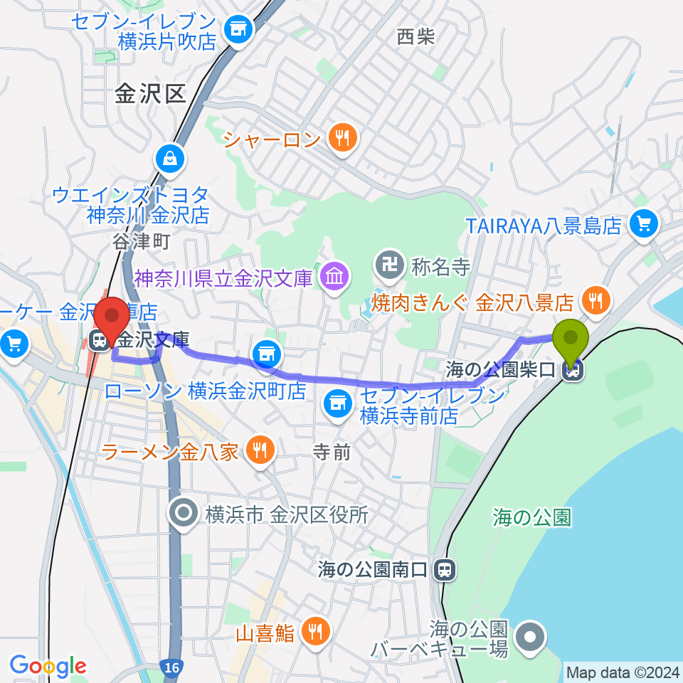 海の公園柴口駅から金沢文庫ブルームーンへのルートマップ地図