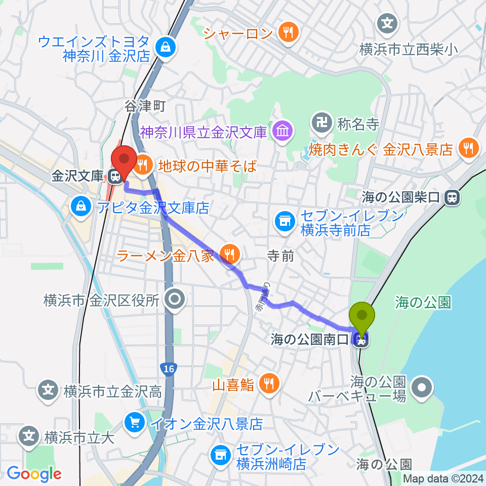 海の公園南口駅から金沢文庫ブルームーンへのルートマップ地図