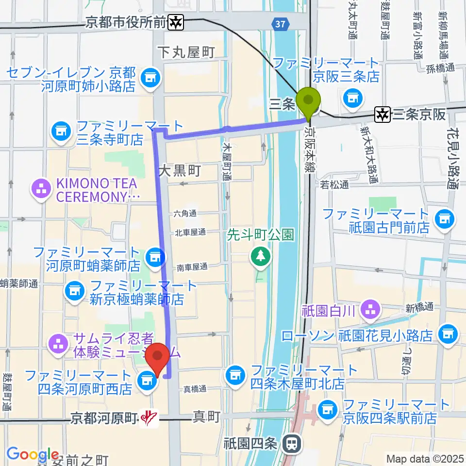 三条駅からタワーレコード京都店へのルートマップ地図