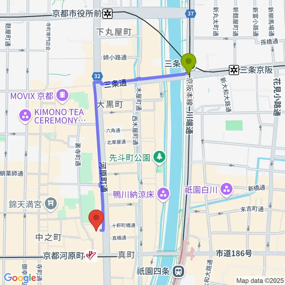 三条駅からタワーレコード京都店へのルートマップ地図