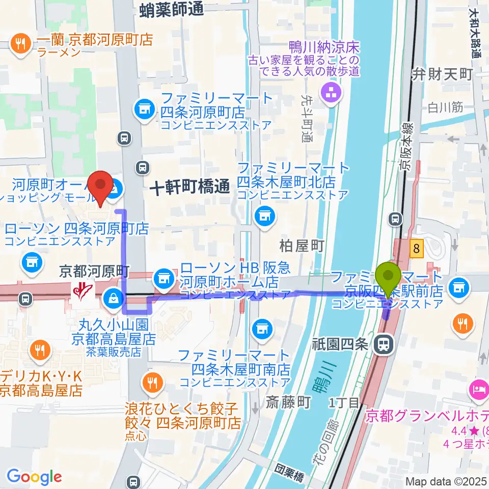 タワーレコード京都店の最寄駅祇園四条駅からの徒歩ルート（約5分）地図