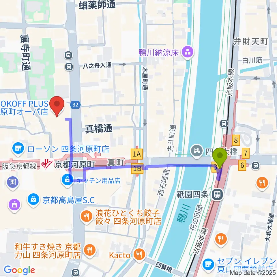 タワーレコード京都店の最寄駅祇園四条駅からの徒歩ルート（約5分）地図
