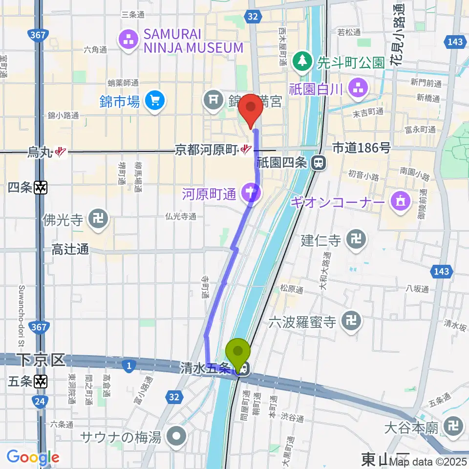 清水五条駅からタワーレコード京都店へのルートマップ地図