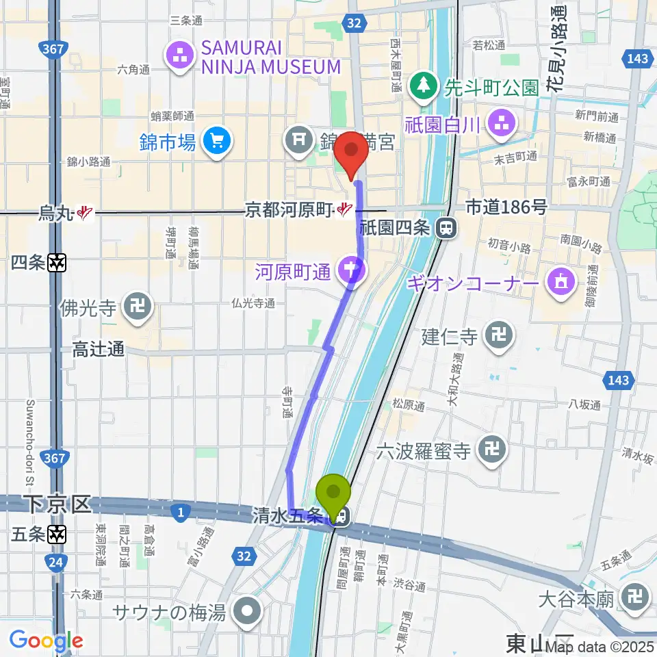 清水五条駅からタワーレコード京都店へのルートマップ地図