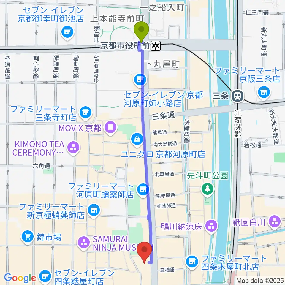 京都市役所前駅からタワーレコード京都店へのルートマップ地図