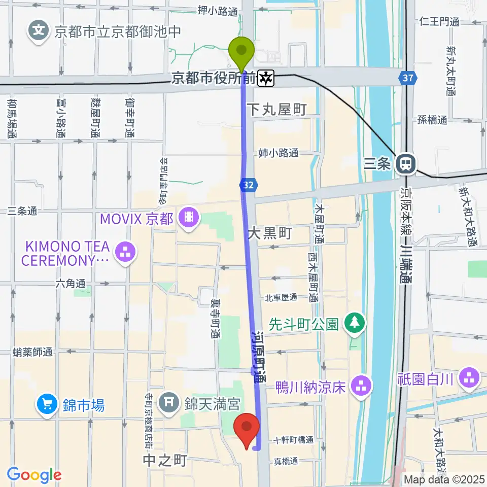 京都市役所前駅からタワーレコード京都店へのルートマップ地図