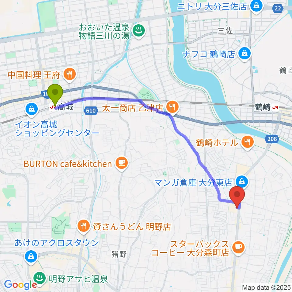 高城駅からTSUTAYA 森町店へのルートマップ地図