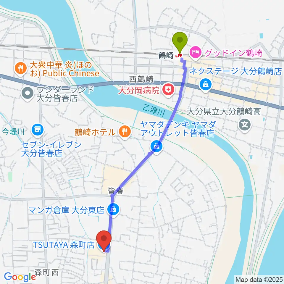 TSUTAYA 森町店の最寄駅鶴崎駅からの徒歩ルート（約24分）地図