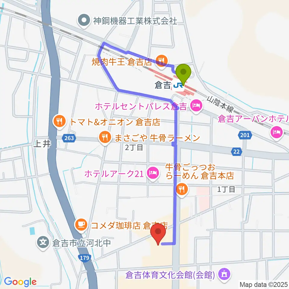 ゲオ倉吉店の最寄駅倉吉駅からの徒歩ルート（約9分）地図