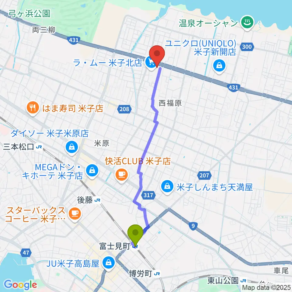 富士見町駅からゲオ米子西福原店へのルートマップ地図