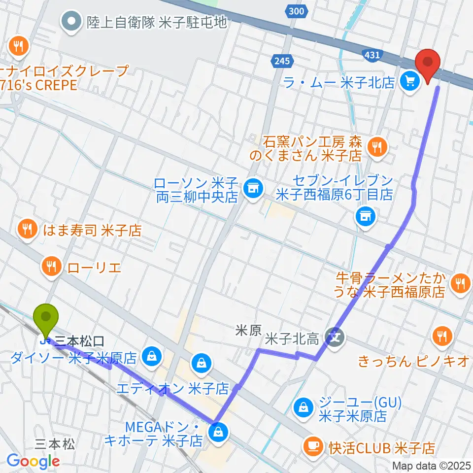 ゲオ米子西福原店の最寄駅三本松口駅からの徒歩ルート（約30分）地図