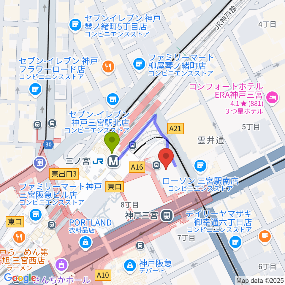 タワーレコード神戸店の最寄駅三ノ宮駅からの徒歩ルート（約2分）地図