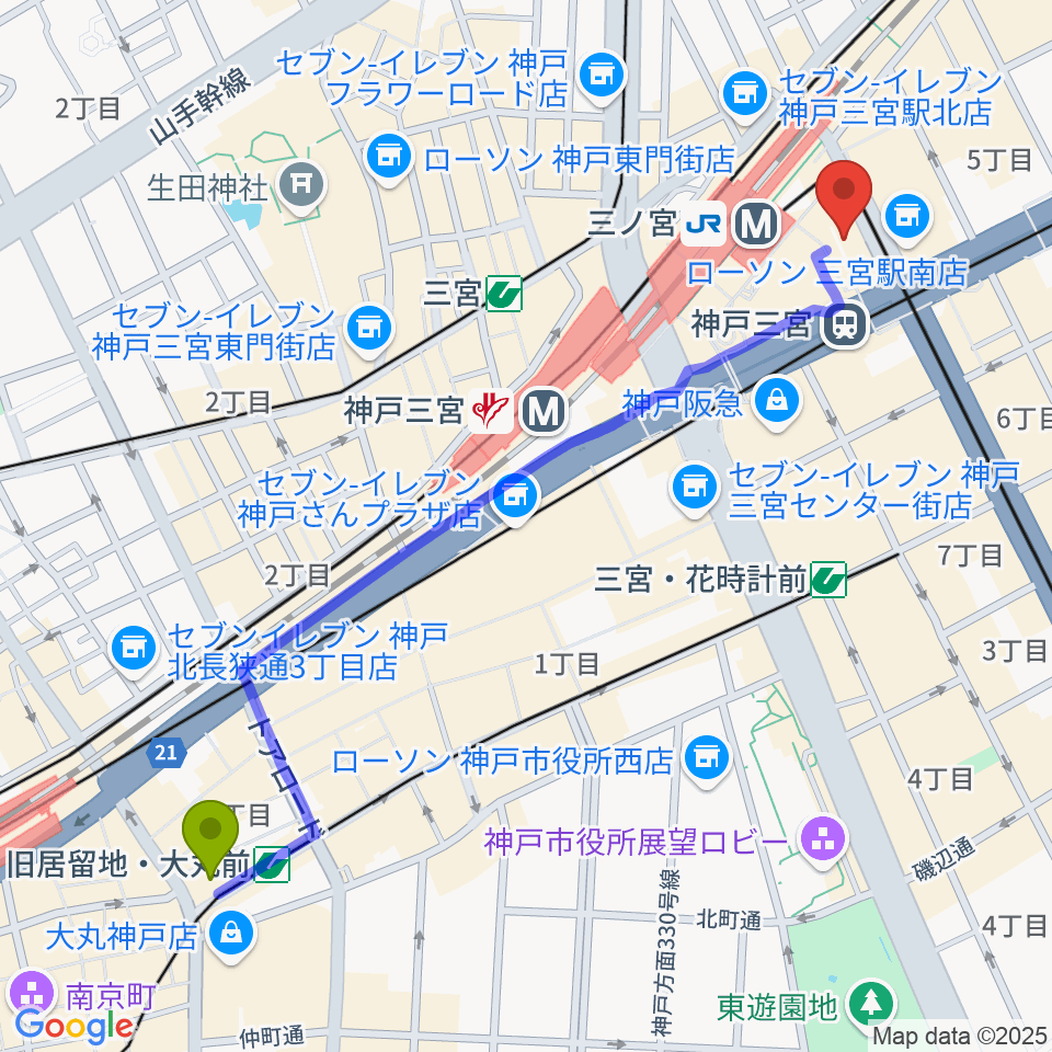 旧居留地・大丸前駅からタワーレコード神戸店へのルートマップ地図