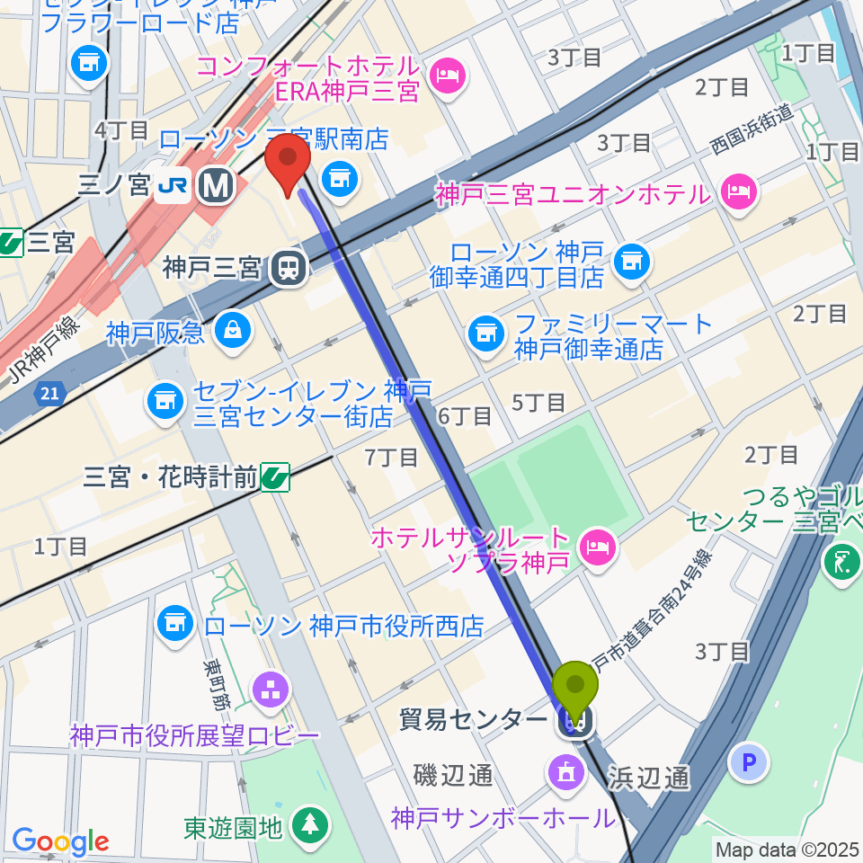 貿易センター駅からタワーレコード神戸店へのルートマップ地図