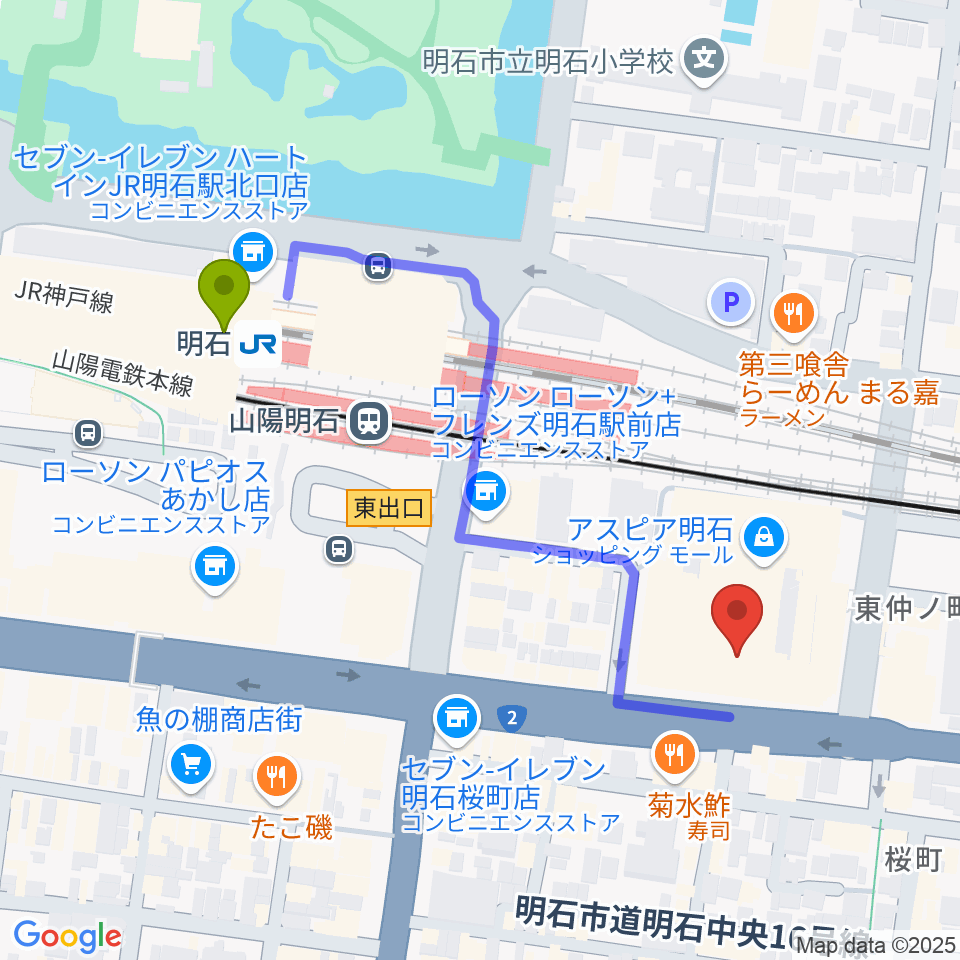 タワーレコード 明石店の最寄駅明石駅からの徒歩ルート（約5分）地図