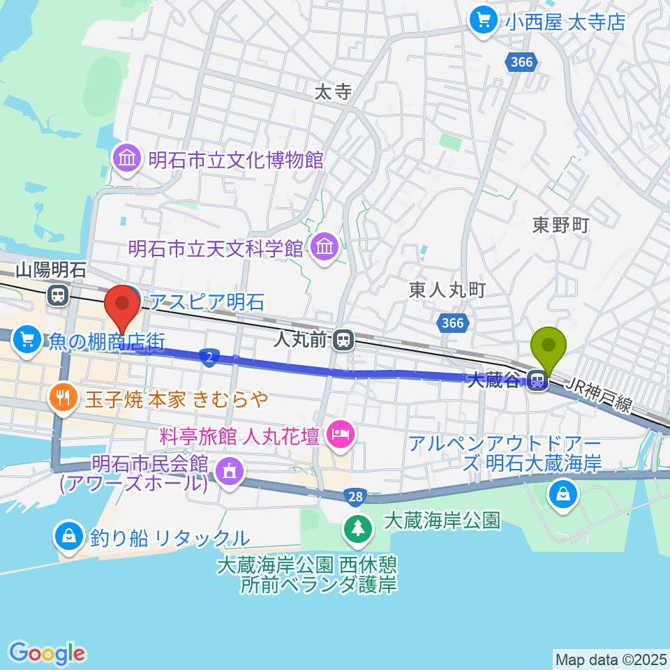 大蔵谷駅からタワーレコード 明石店へのルートマップ地図