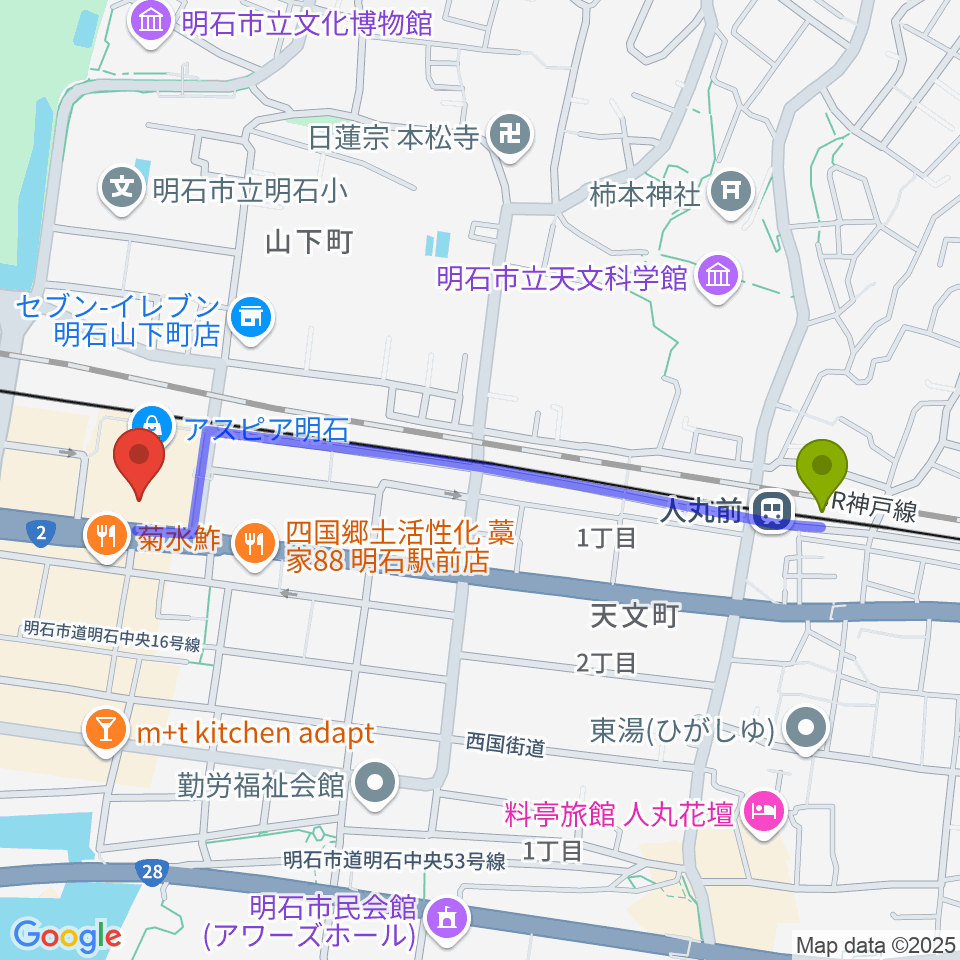 人丸前駅からタワーレコード 明石店へのルートマップ地図