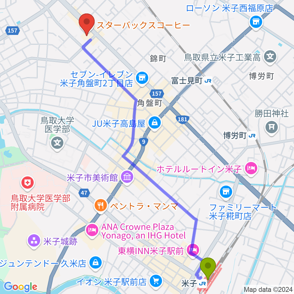 米子駅からtsutaya 角盤町店へのルートマップ Mdata