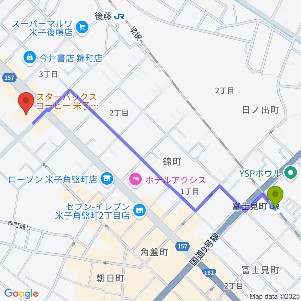 富士見町駅からTSUTAYA 角盤町店へのルートマップ地図