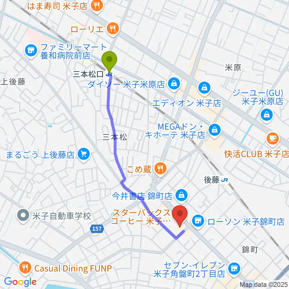 三本松口駅からTSUTAYA 角盤町店へのルートマップ地図