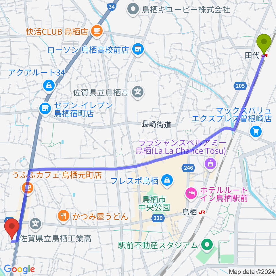 田代駅からゲオ鳥栖店へのルートマップ地図