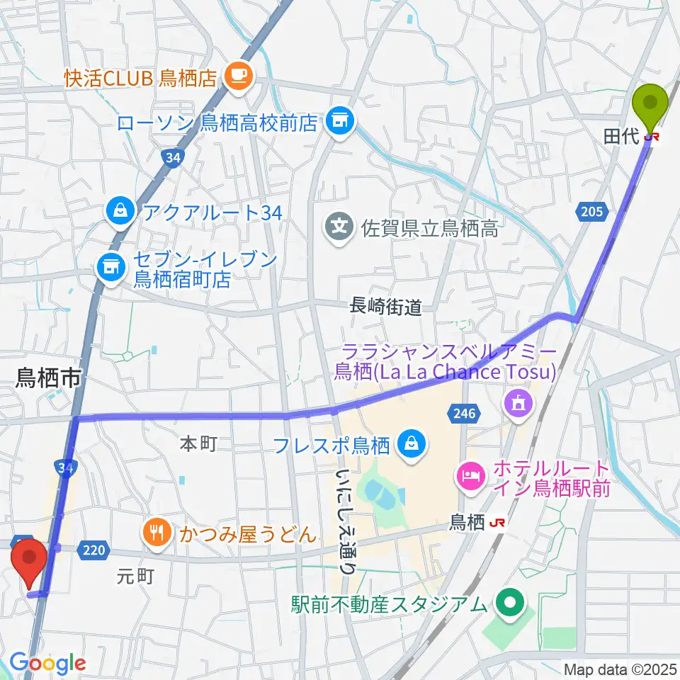 田代駅からゲオ鳥栖店へのルートマップ地図