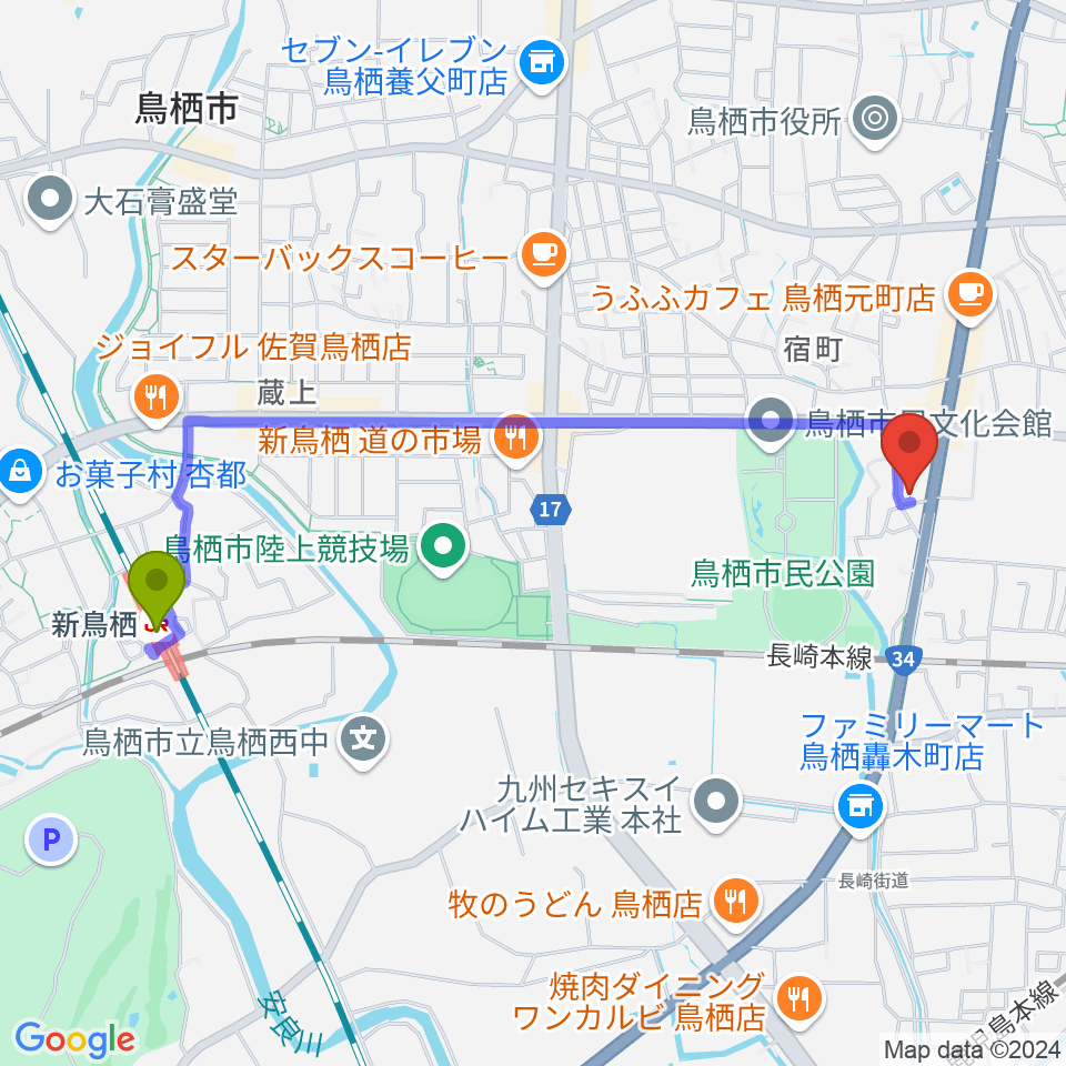 新鳥栖駅からゲオ鳥栖店へのルートマップ地図